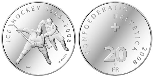 20 Franken Gedenkmünze 2008 Eishockey